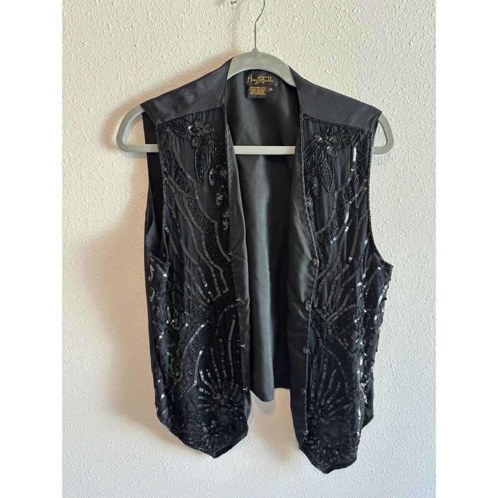 Mary McFadden Black Beaded Sequin Silk Women Medium Statement Formal Vest